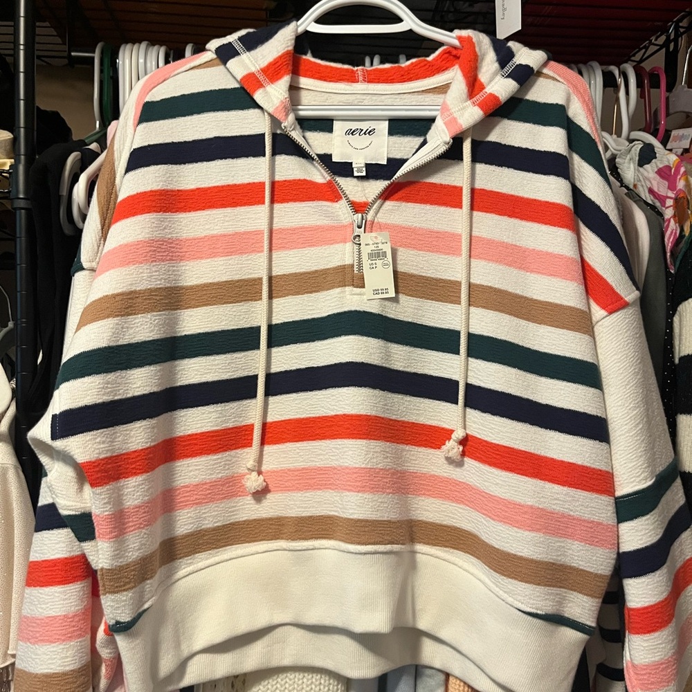 Aerie Pink and Red Knit hoodie Nautical Style